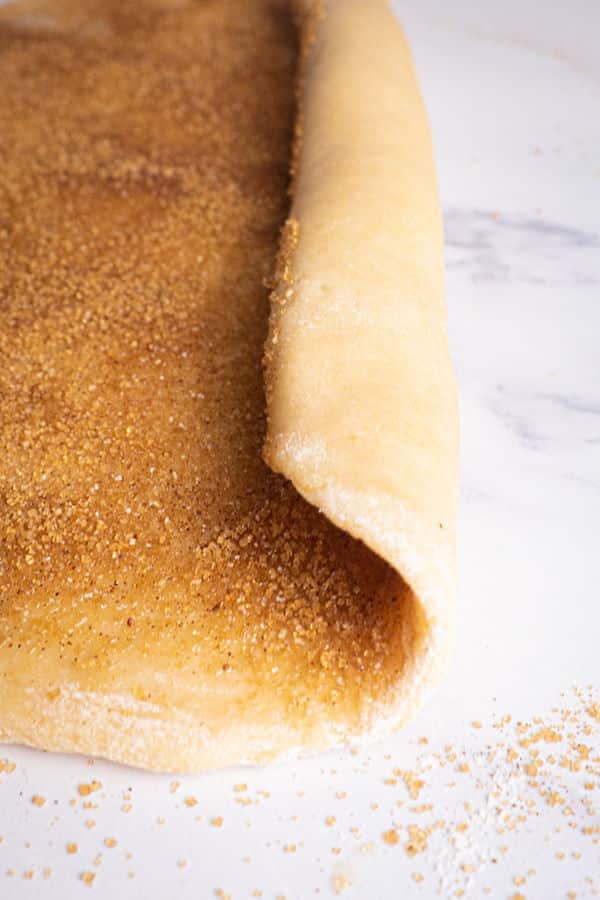 How to Make Cinnamon Rolls_15 Cinnamon bun dough with brown sugar on it, marble background.