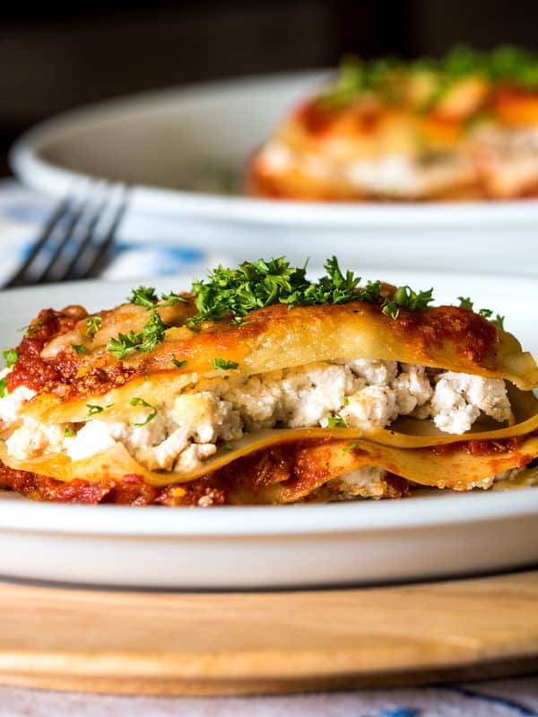 Electric Skillet Lasagna 1 - IntheKitch Piece of lasagna on a plate.