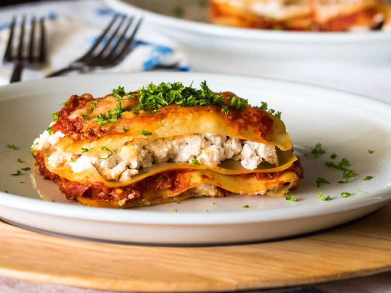 Electric Skillet Lasagna 2 - IntheKitch Piece of lasagna on a plate.