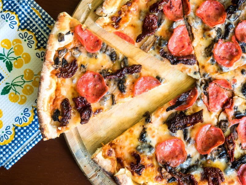 Electric Skillet Pizza 1 -IntheKitch Pizza on a serving board.