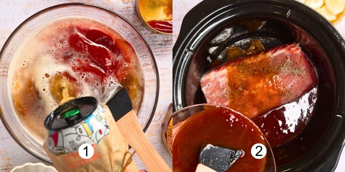 Pork loin in slow cooker with BBQ beer sauce.