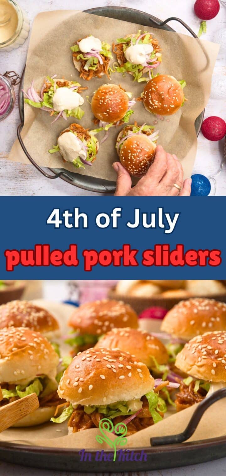 Pulled pork sliders on tray with text overlay that says '4th of July pulled pork sliders'.