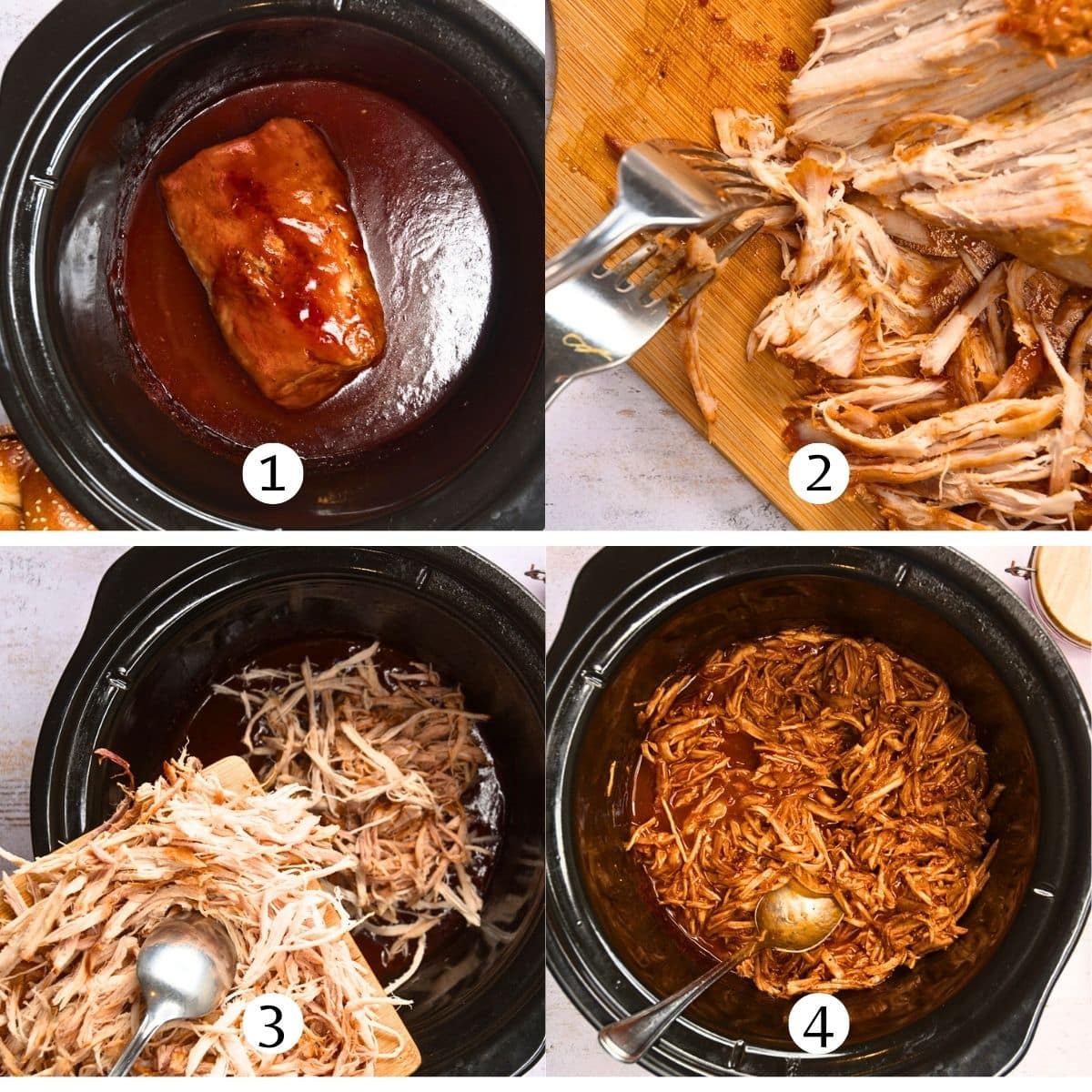 Pork loin getting shredded and smothered with BBQ beer sauce in slow cooker.