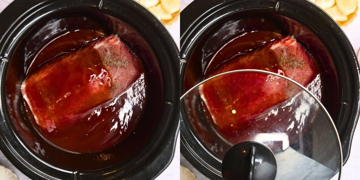 Pork loin with BBQ beer sauce in slow cooker with lid.