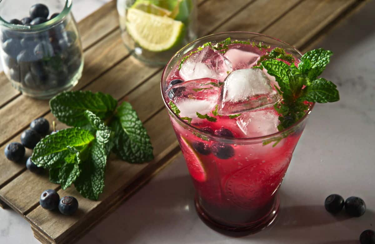 Blueberry mojito mocktail in a cocktail glass with fresh blueberries, mint and lime wedges on the side.