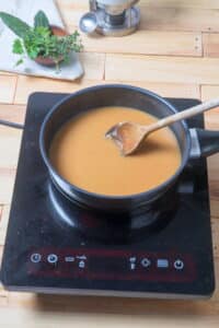 Brown gravy in frying pan.