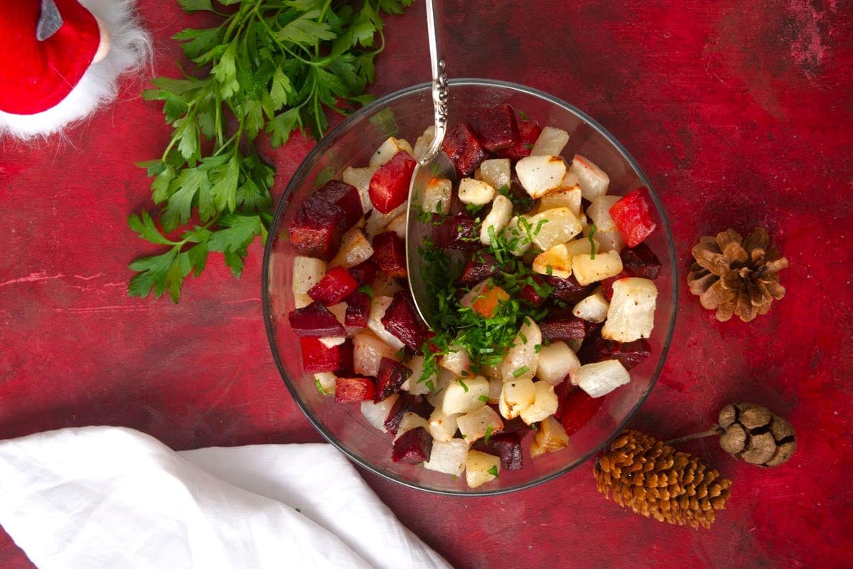 Roasted beets and turnips sprinkled with fresh parsley.