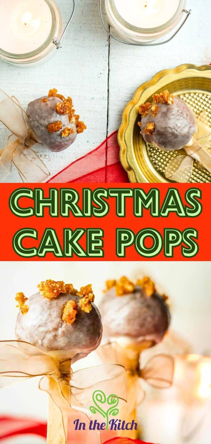 Christmas cake pops with pralines on gold serving tray with text overlay that says 'Christmas Cake Pops'.