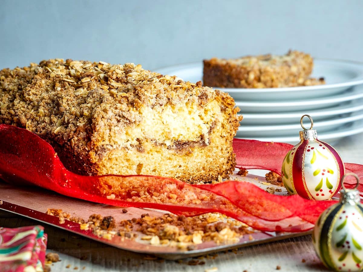 Coffee cake loaf with Christmas decorations.