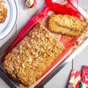 Coffee cake loaf with Christmas decorations.