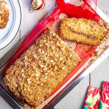 Coffee cake loaf with Christmas decorations.