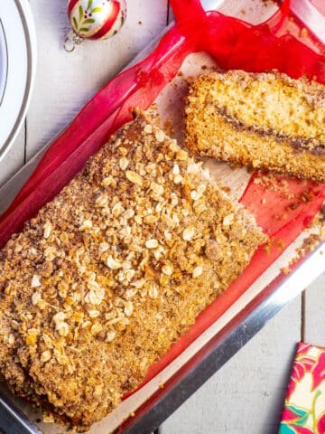 Coffee cake loaf with Christmas decorations.