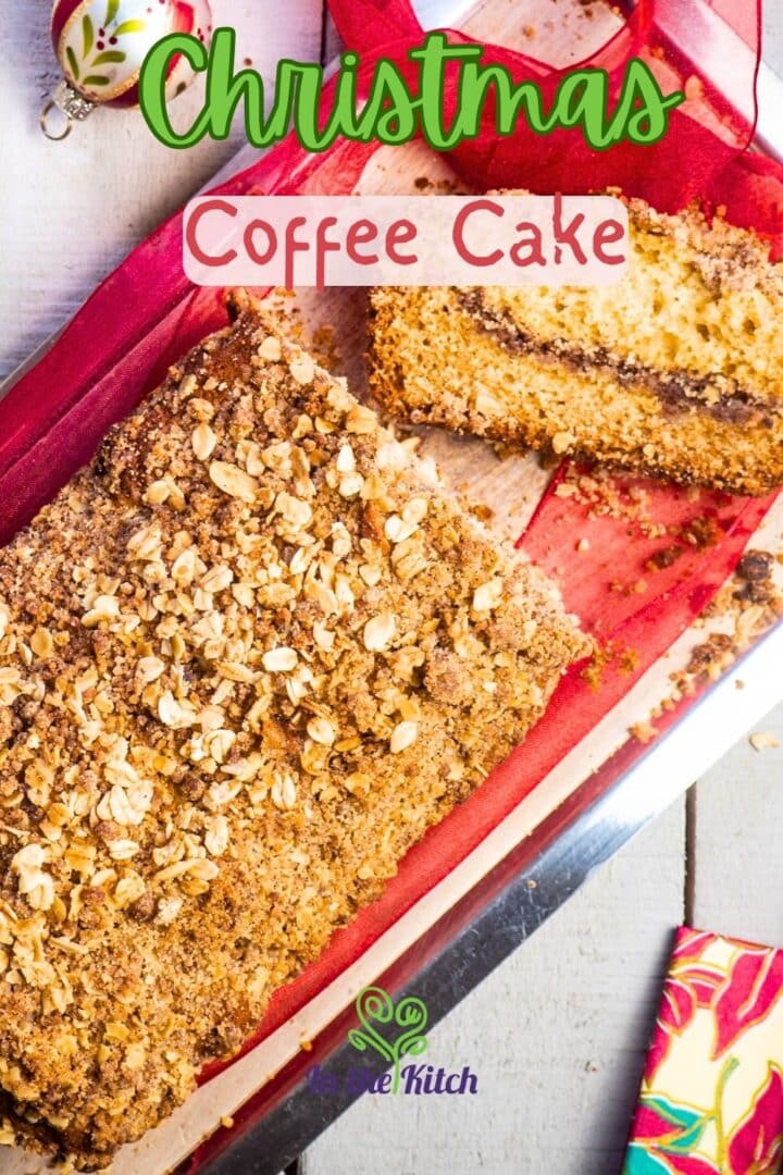 Coffee cake loaf with Christmas decorations.