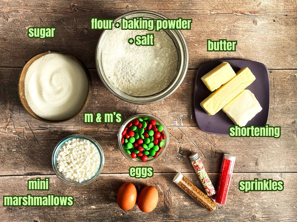 Christmas cookies ingredients prepped and labeled.