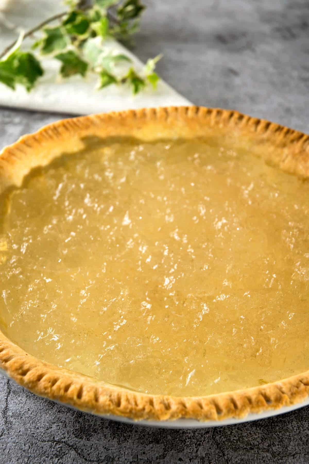 Clear pumpkin pie filling in pie crust.