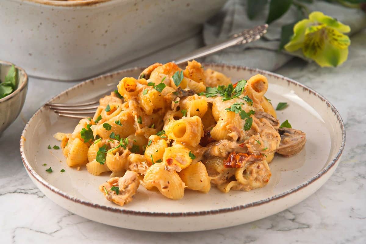 Creamy tuna casserole on a plate with a fork.