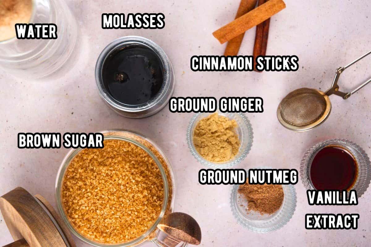 Gingerbread syrup and latte ingredients labeled.