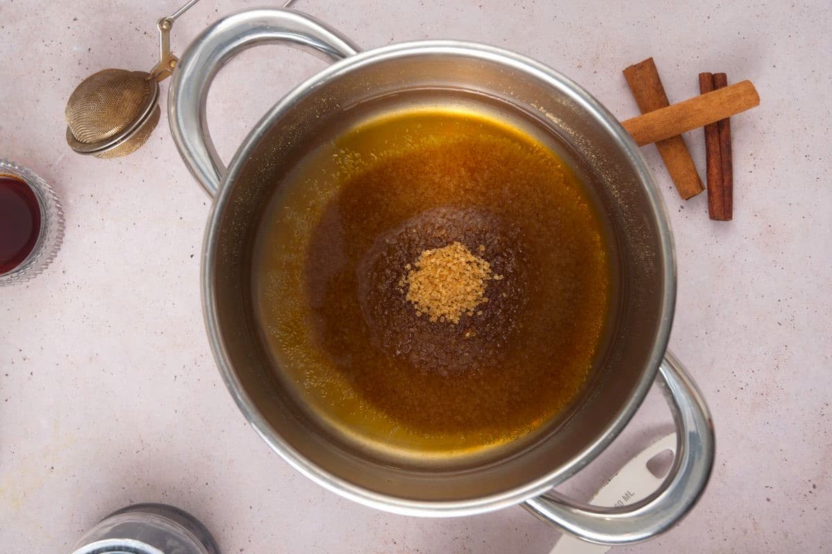 Gingerbread syrup ingredients in saucepan.