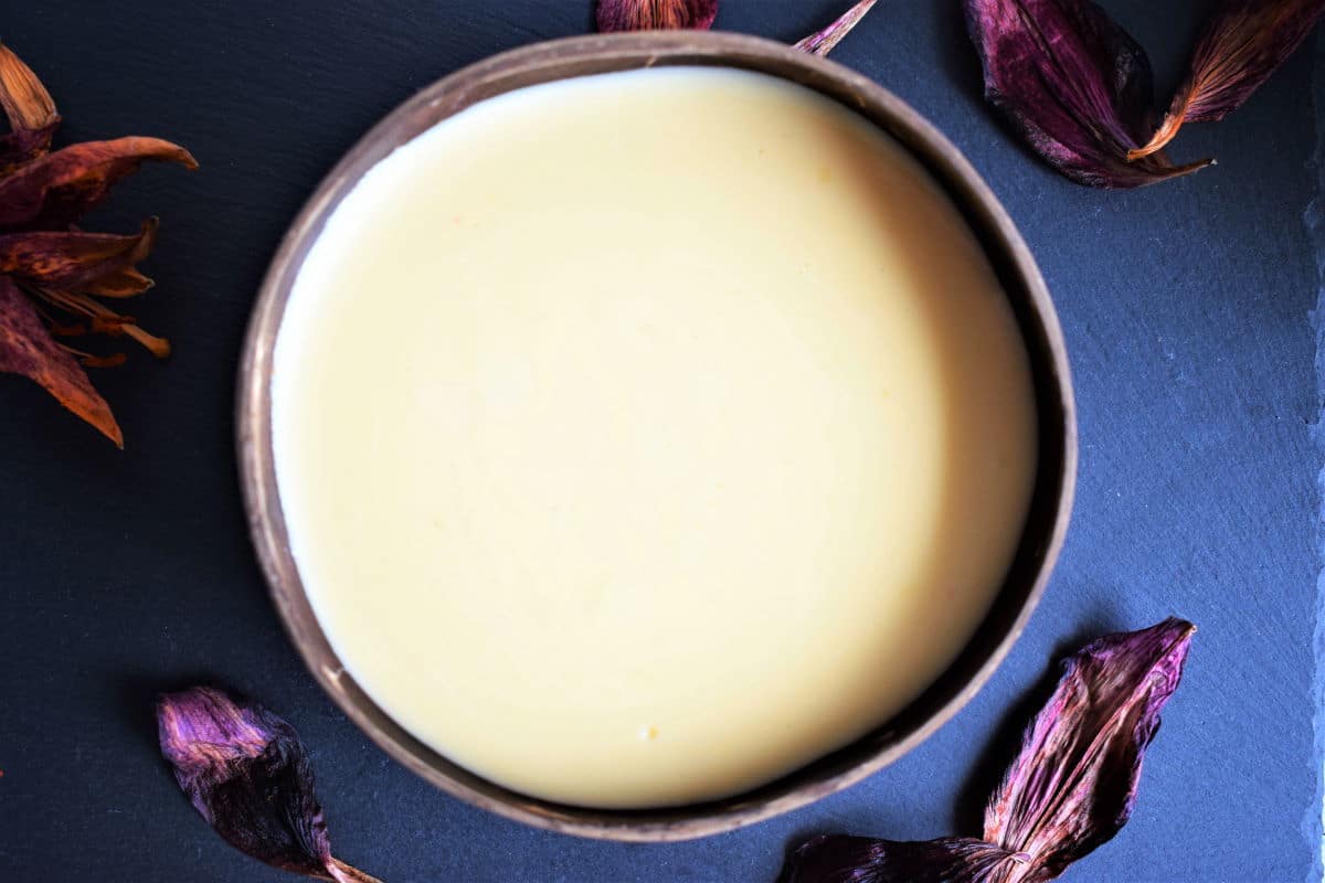 White cheddar nacho cheese sauce in a coconut bowl on dark background, lily leaves on the side.
