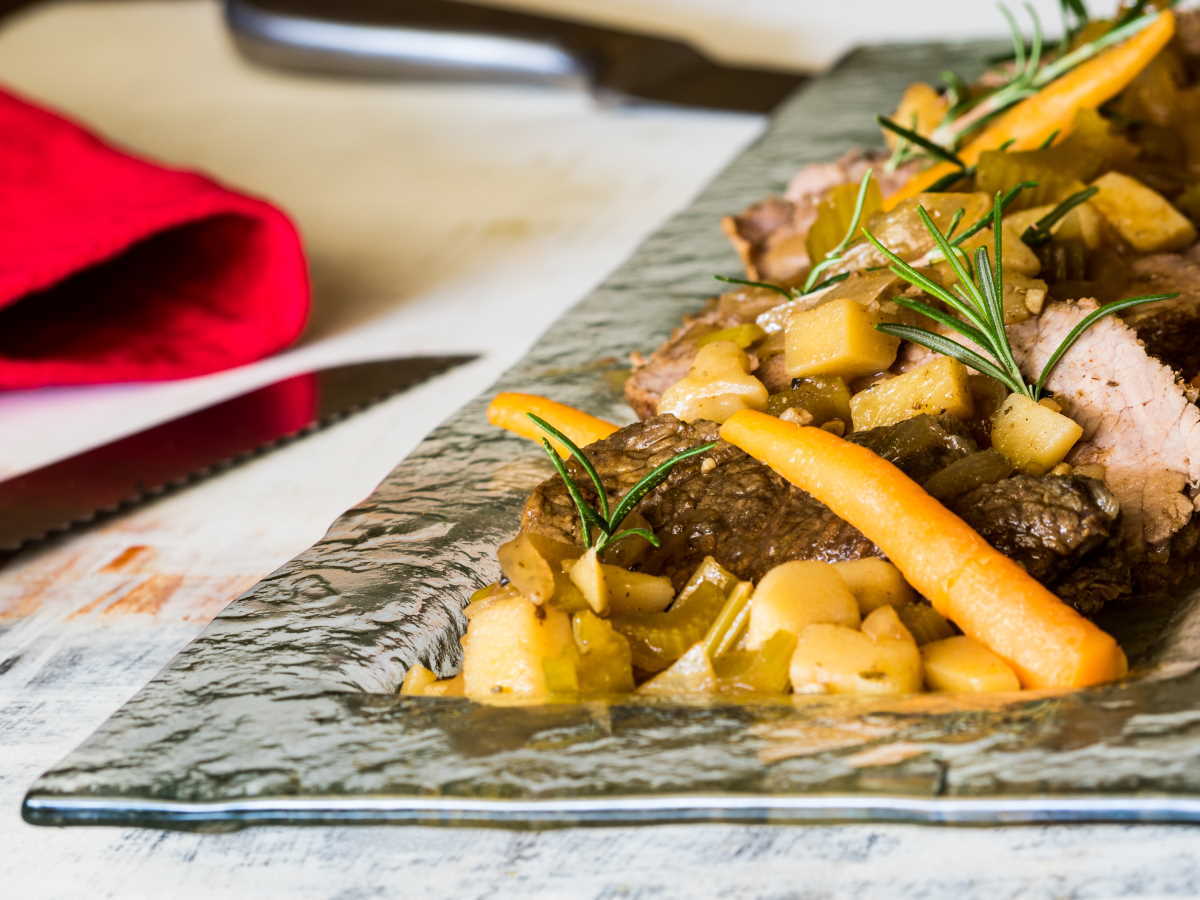 Pot roast with veggies on serving platter.