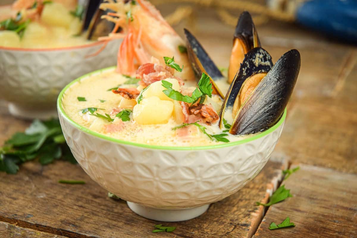 Seafood chowder in bowl.