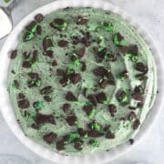 Grasshopper pie in white pie plate.