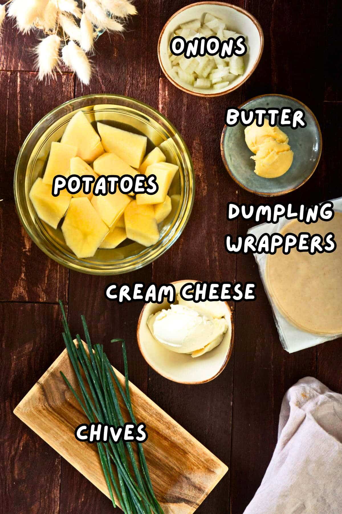 Grilled pierogies ingredients labeled.