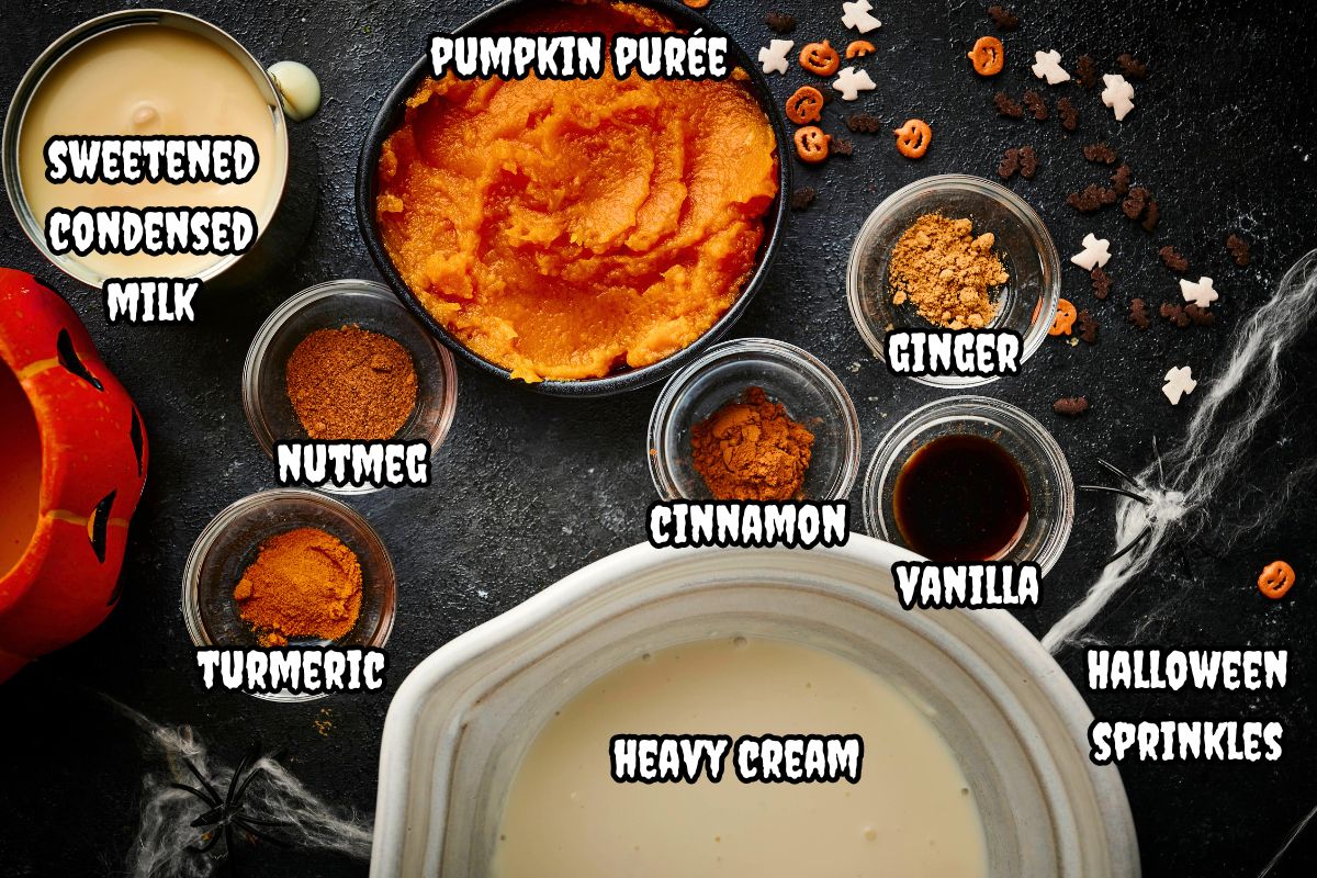 Halloween ice cream ingredients labeled.
