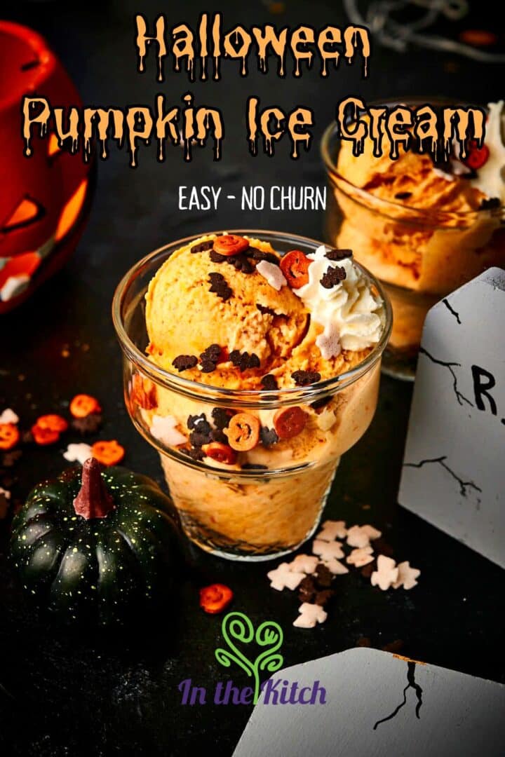 Halloween ice cream in glass dish with text overlay that says 'Halloween Pumpkin Ice Cream'.