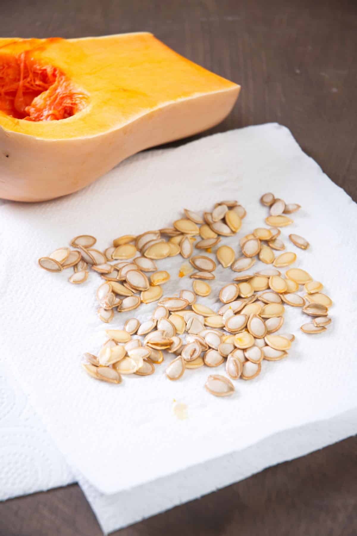 Butternut squash seeds drying on a paper towel.
