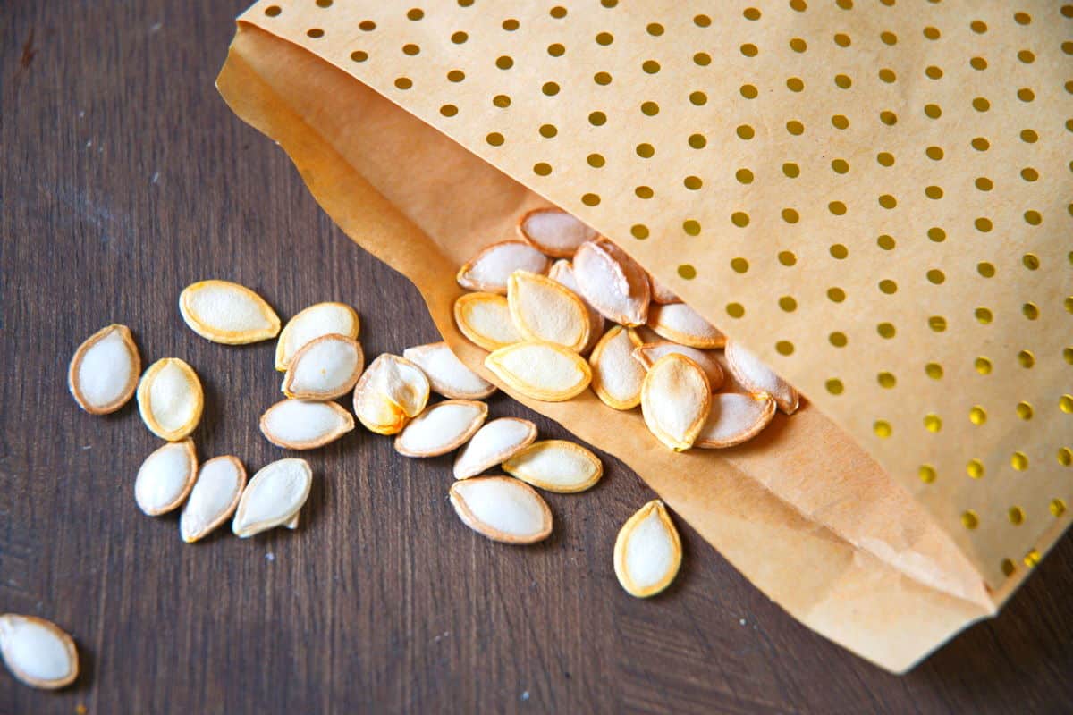 Dried butternut squash seeds in a brown paper envelope.
