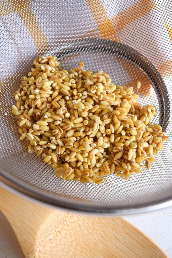 Barley in a mesh strainer.