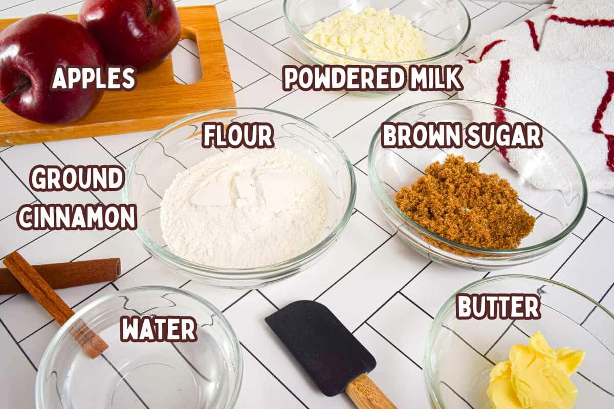 Apple crisp ingredients prepped and labeled.