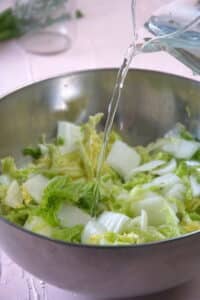Chopped Napa cabbage in a large steel bowl.