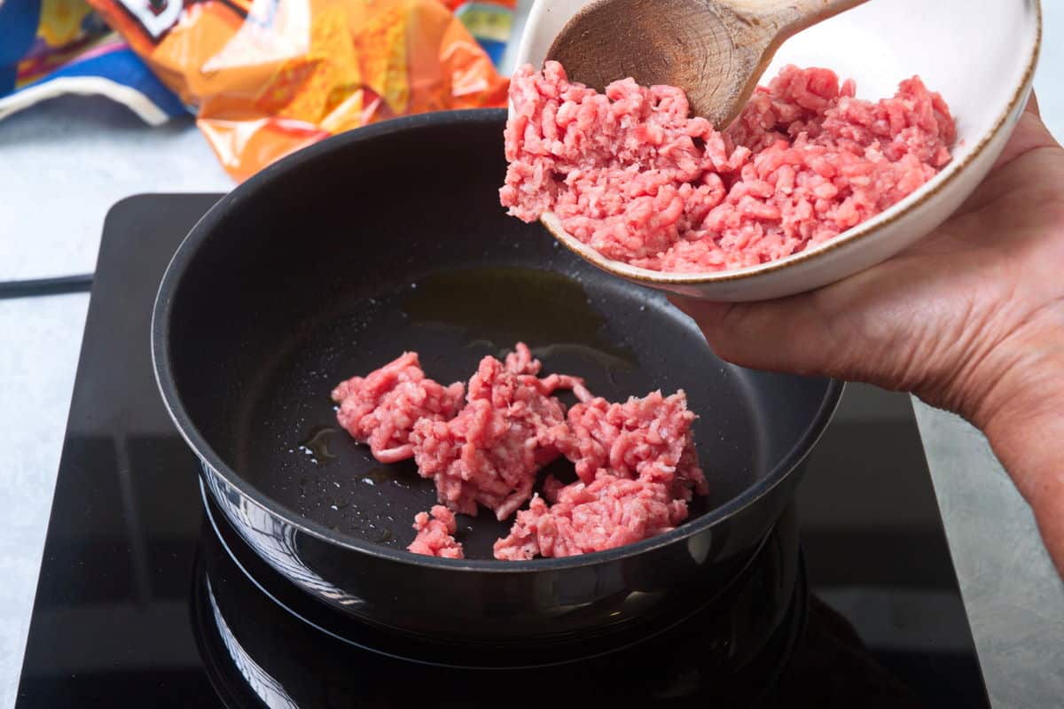Ground beef in a pan.