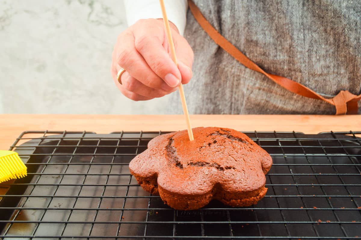 Chocolate cake with a wooden skewer poking into it.