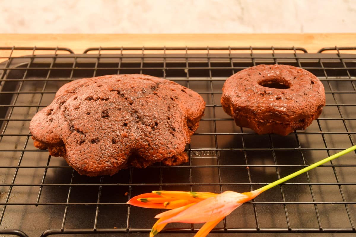 Soaked chocolate cakes on baking rack.