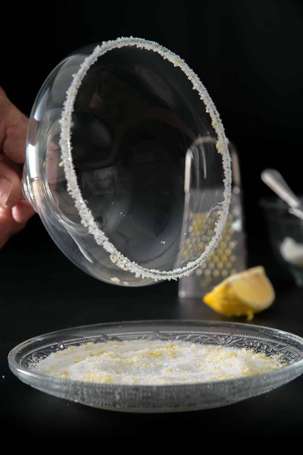 Margarita glass dipped into sugar rim.