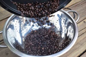 Coffee beans in metal colander.