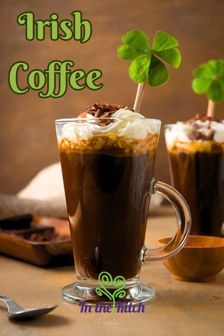 Irish coffee in glasses with text overlay that says 'Irish coffee'.