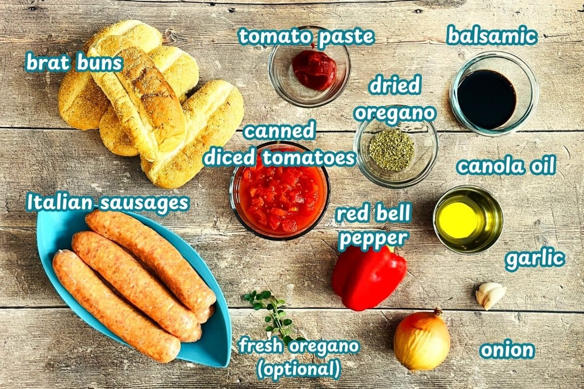 Italian sausage sandwich ingredients labeled on wooden background.