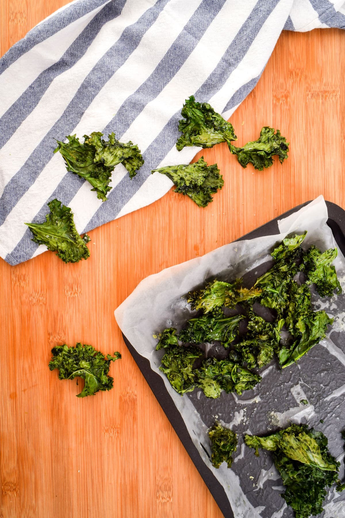 Kale chips on sheet pan.