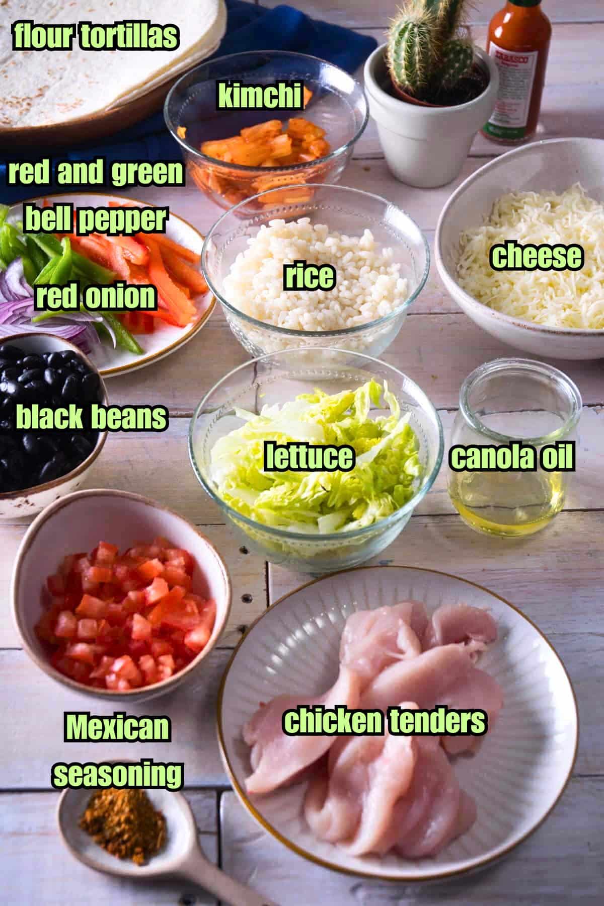 Kimchi burrito ingredients prepped and labeled.