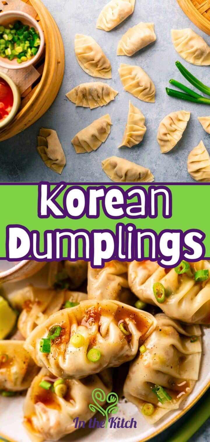 Images of raw and cooked Korean kimchi dumplings and text overlay that says "Korean Dumplings".