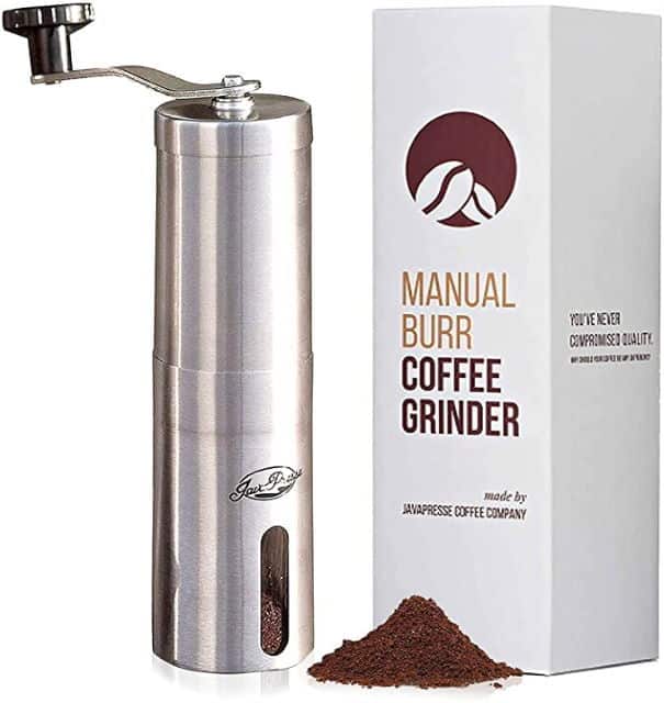 Manual Burr coffee grinder on white background.