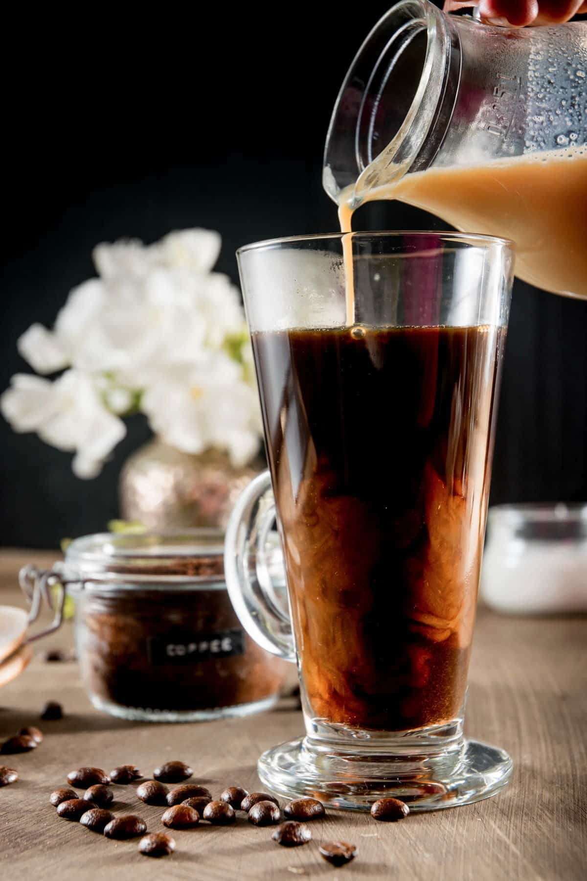 Coffee in a mug with a pumpkin milk mixture.