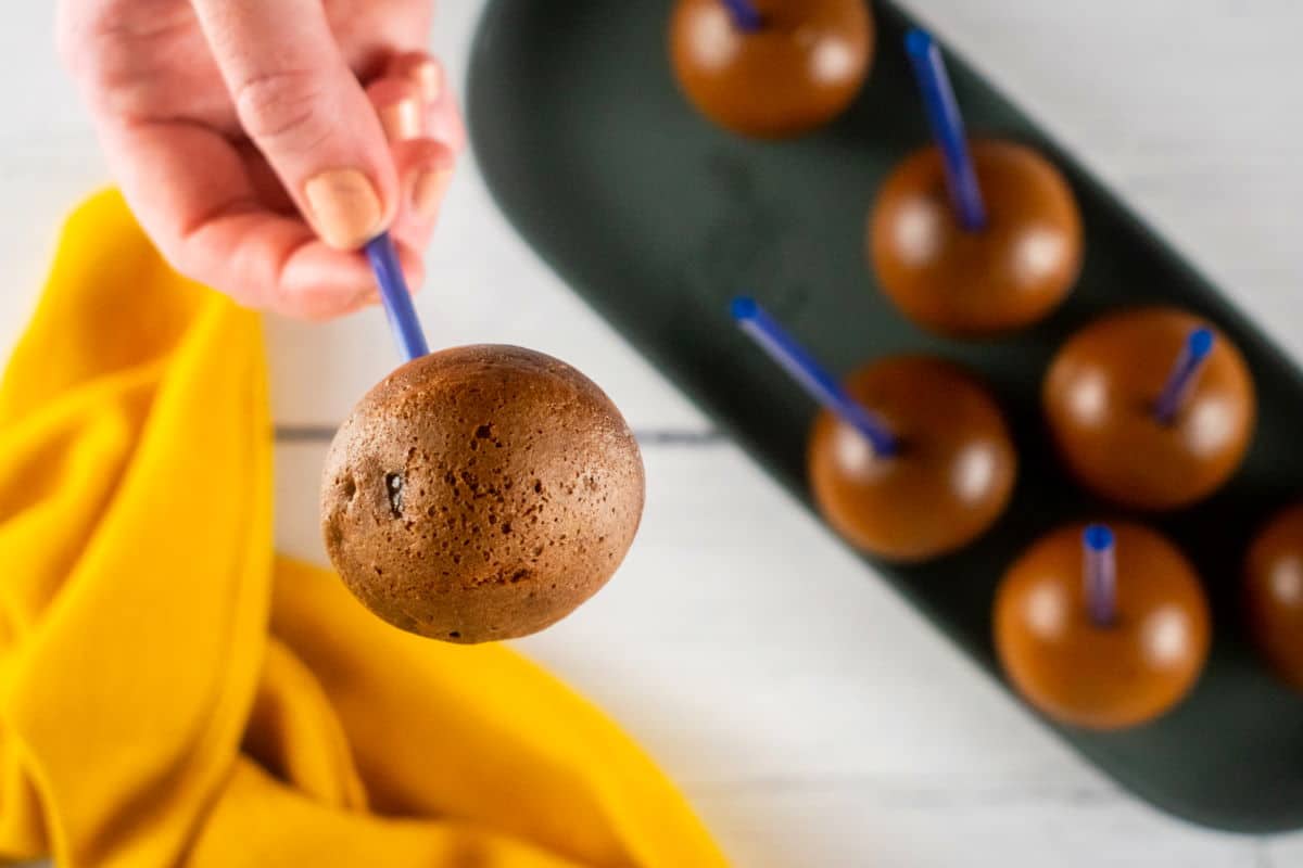 Naked chocolate cake pop in hand.