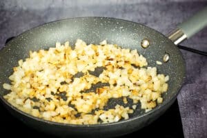 Browned onions in pan.