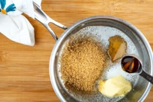 Praline ingredients in saucepan.