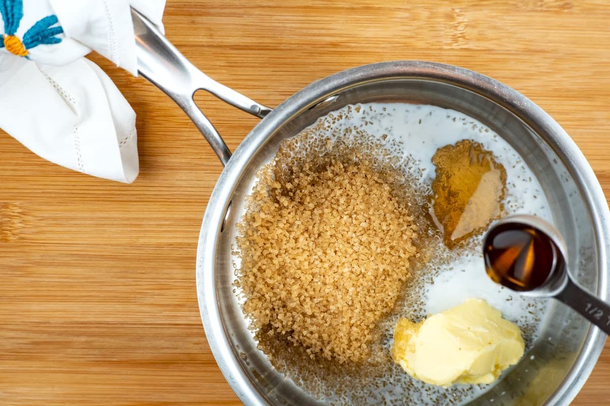 How to Make Pralines Step 3 Praline ingredients in saucepan.